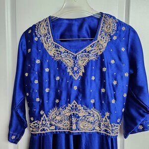 Royal Blue satin lehenga with gold accents